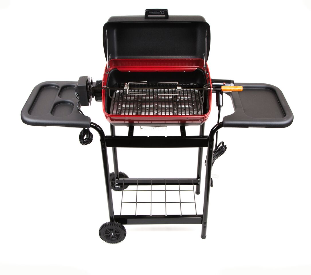 Americana Electric Cart Grill with Two Folding, Composite-Wood Side Tables  and Wire Shelf-Model 9325U8181 – MECO